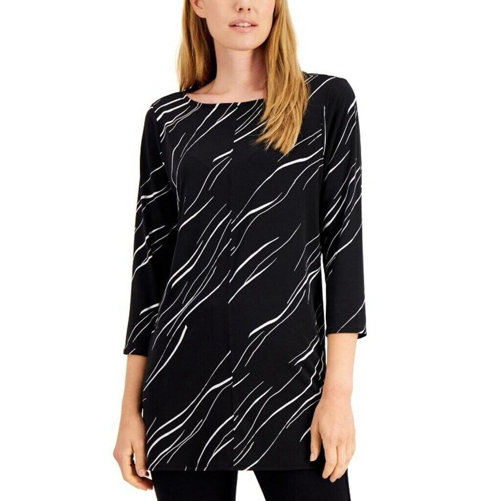 Alfani Women's Size Petite Black and White Printed Boat-Neck Tunic Top NWT